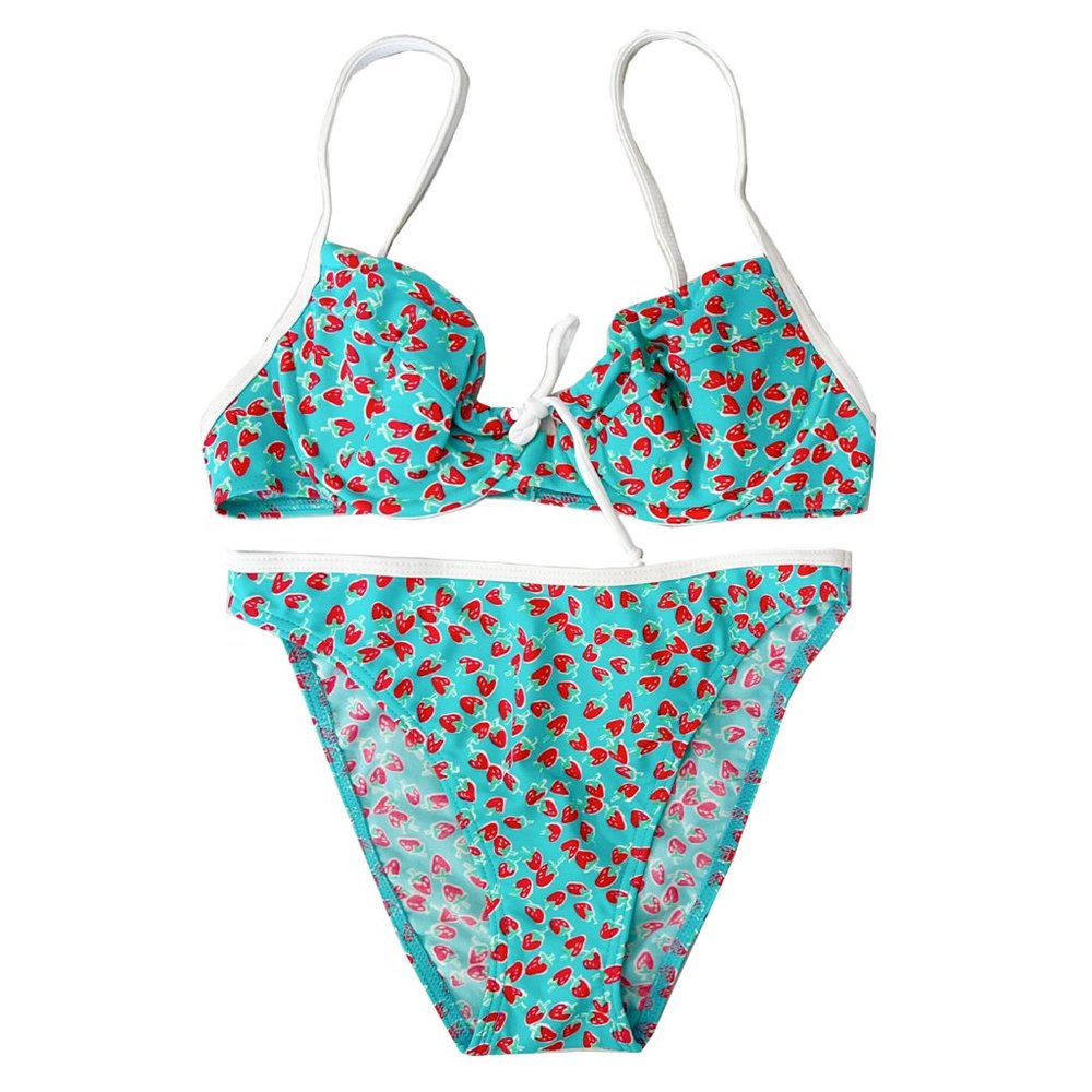 Teal & Strawberries High-Waist High-Leg Bikini Set, Scoop Bra Top Vintage 90s
